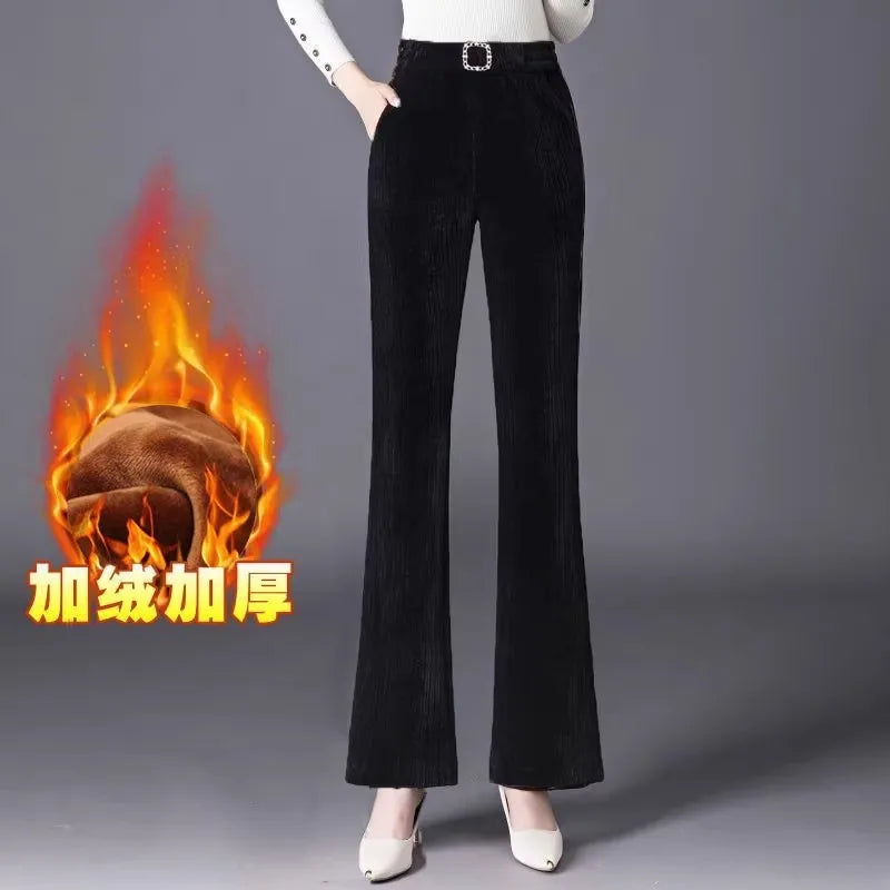 plus Size Flared Pants for Women Autumn Winter Fce Lined Casual High Waist Nine Points ket Pants for Middle-Aged Mothers