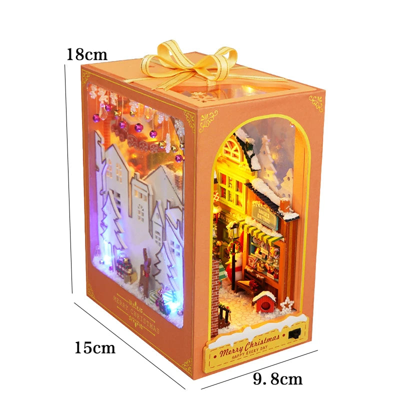 Christmas Gift DIY DIY Book Nook Wooden Christmas Doll House 3D Puzzle Assembly Building Model Bookshelf Insert Decoration Toys