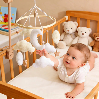 Wooden Crib Mobile Baby Bed Bell Rattle Toy Soft Cartoon Cloud Mobile Bracket Newborns Bed Bell Hanging Toy Nursery Decor