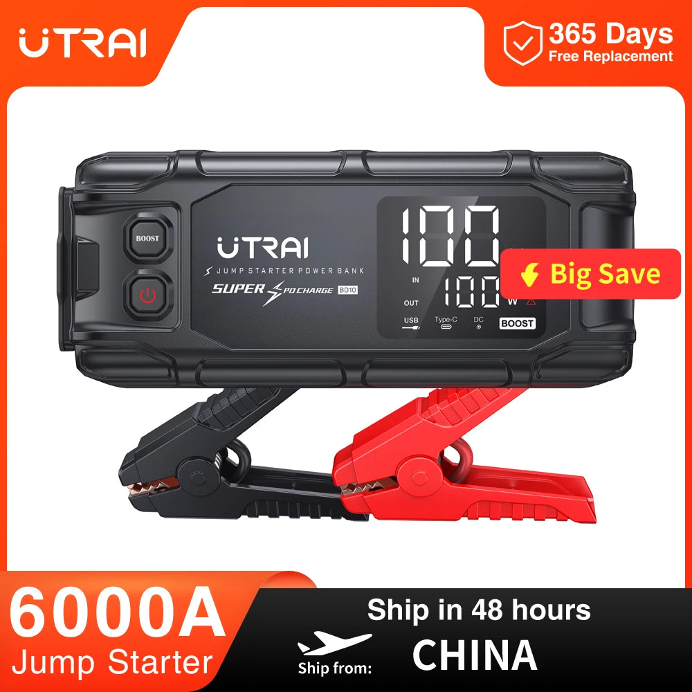 UTRAI 26800mAh 6000A Car Jump Starter Powerful Portable Power Bank PD45W Fast Charging 6.0" LED Screen Emergency Starting Device