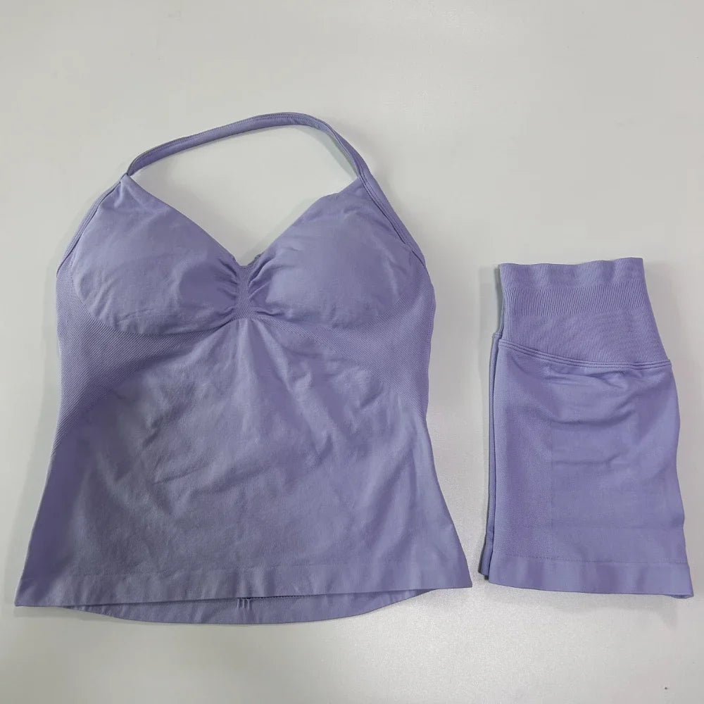2 Pieces Sports Set Women Backless Tank Yoga Tops High Waist Scrunch Seamless Shorts Sport Gym Set Sportswear Workout Set