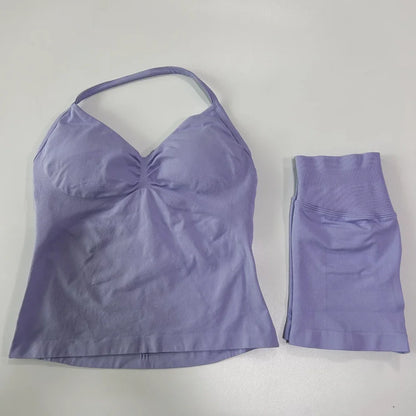 2 Pieces Sports Set Women Backless Tank Yoga Tops High Waist Scrunch Seamless Shorts Sport Gym Set Sportswear Workout Set