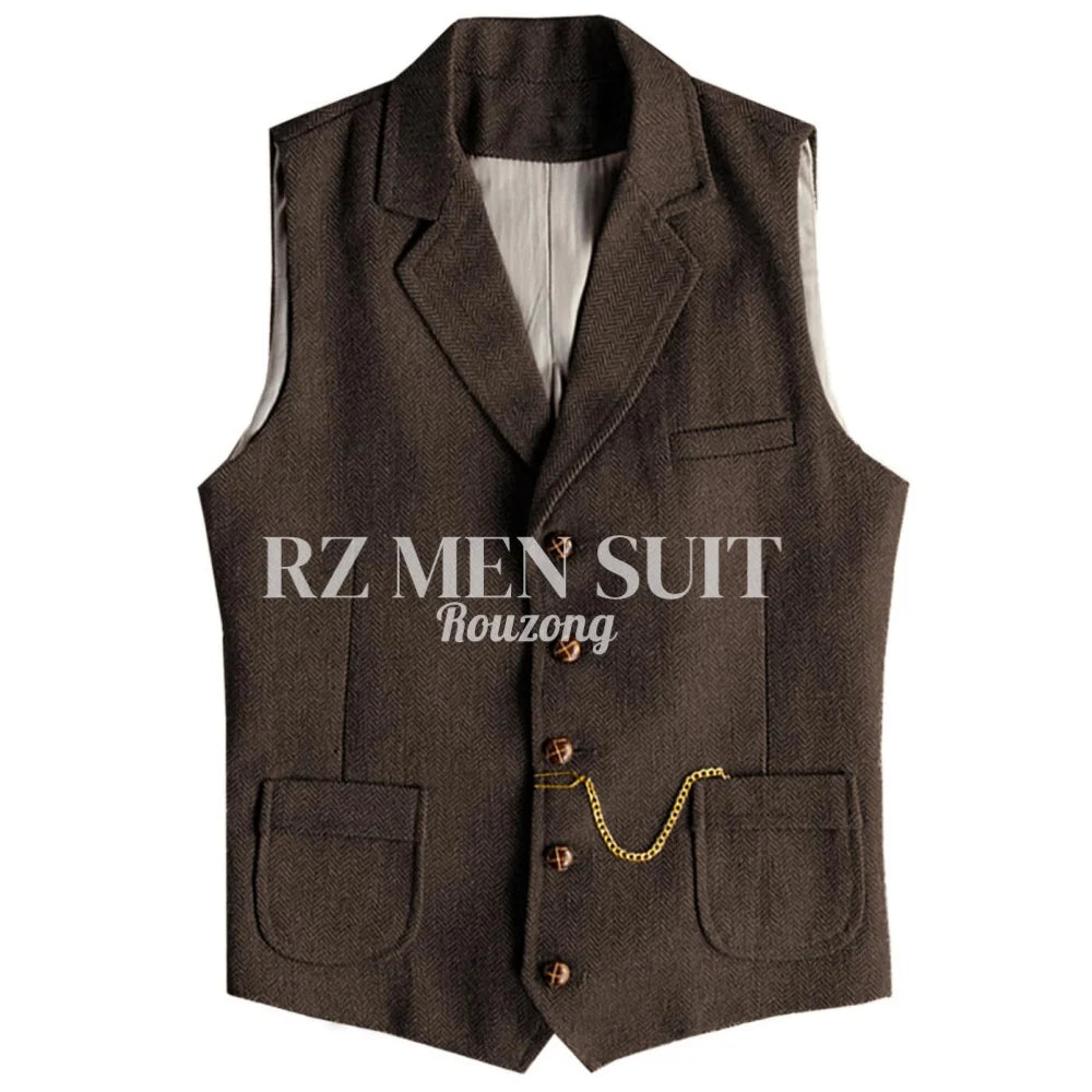 Men's Tweed Suit Vest Western Herringbone Wool Casual Waistcoat for Groomsman chaleco para hombre