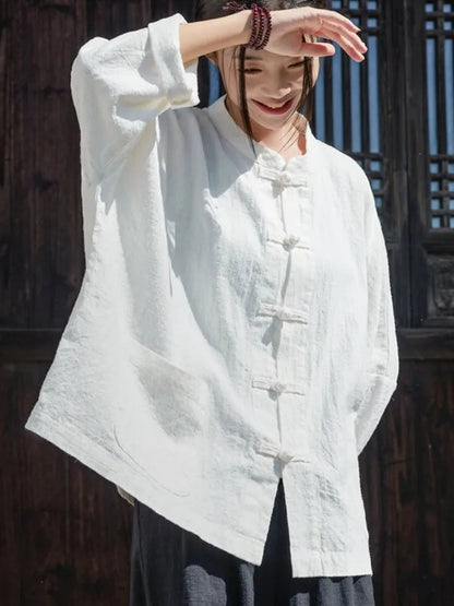 Retro Chinese Cotton Linen Shirt Jacket Women Spring Zen Collar Button Long Sleeve Slimming Linen Outerwear Top