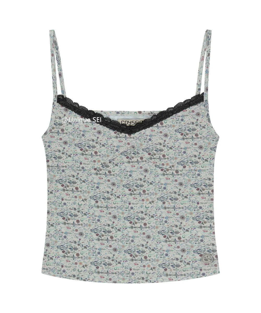 Street Style Sweet Floral Lace Trim Short Strap Vest Top Unique SEI Summer Pure Desire Sexy Floral Print Camisole for Women