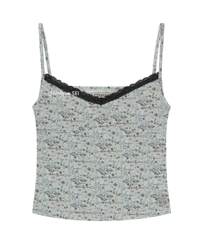 Street Style Sweet Floral Lace Trim Short Strap Vest Top Unique SEI Summer Pure Desire Sexy Floral Print Camisole for Women