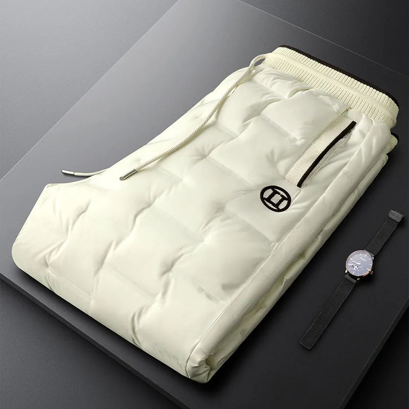 Light luxury high-end 90 white duck down down pants men's winter straight slim warm casual pants apricot color