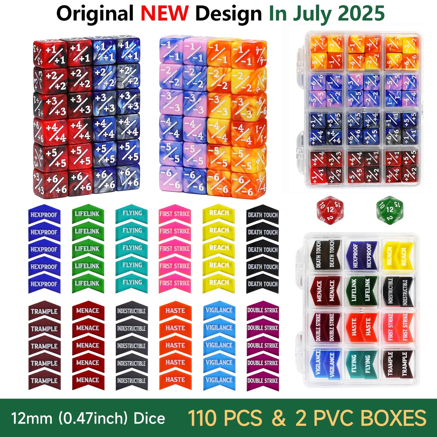 110PCS MTG Dice Tokens Set Keyword Counters +1/+1 & -1/-1 Counters 2xD20 Life Trackers, 12mm Size with Storage Box, Compatible