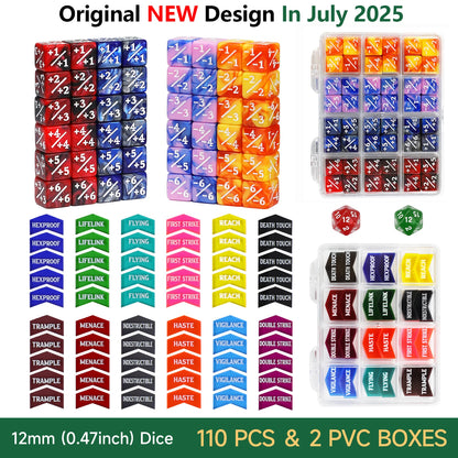 110PCS MTG Dice Tokens Set Keyword Counters +1/+1 & -1/-1 Counters 2xD20 Life Trackers, 12mm Size with Storage Box, Compatible