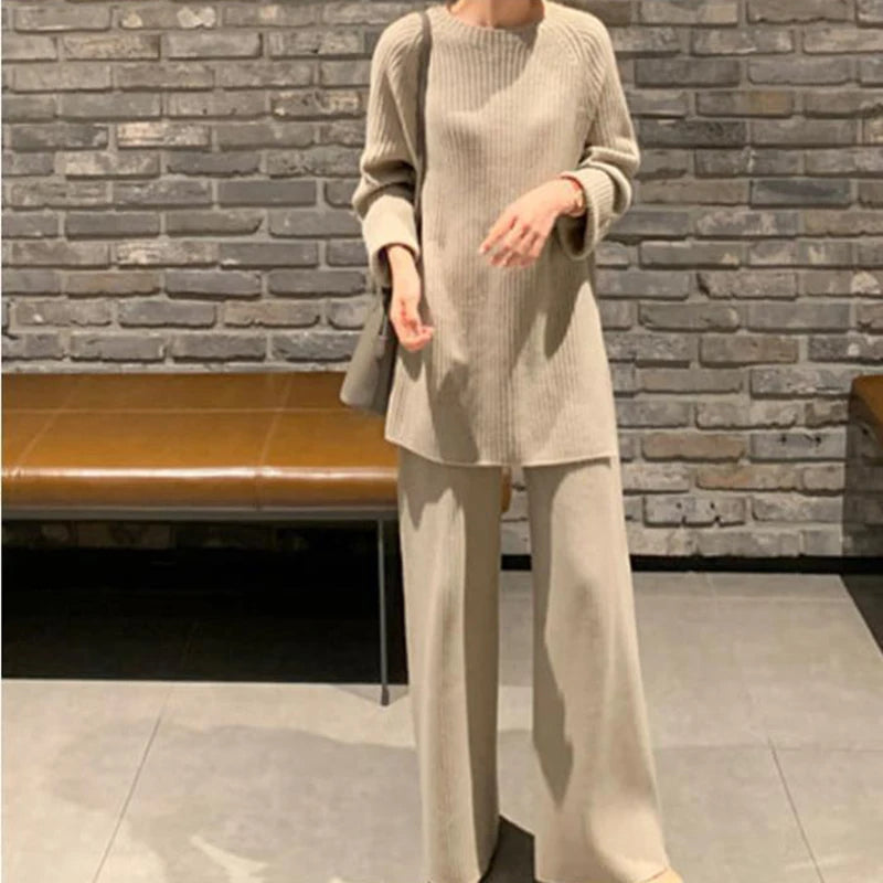 Women Elegant Sweater Suit Elegant Knitted Two Pieces Set Autumn Winter Oversized Pullover and Trousers Suit Female Outfits 2022