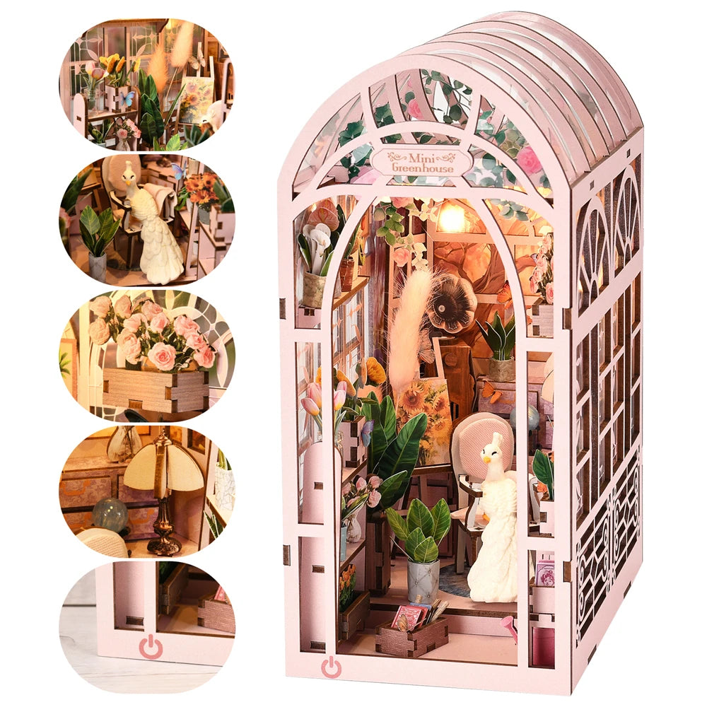 Book Nook Kit Greenhouse Sunlight Room Dollhouse Booknook 3D Wooden Puzzle Miniature Doll House For Bookshelf Insert Furniture