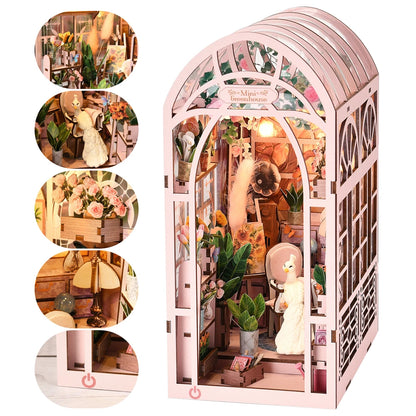 Book Nook Kit Greenhouse Sunlight Room Dollhouse Booknook 3D Wooden Puzzle Miniature Doll House For Bookshelf Insert Furniture