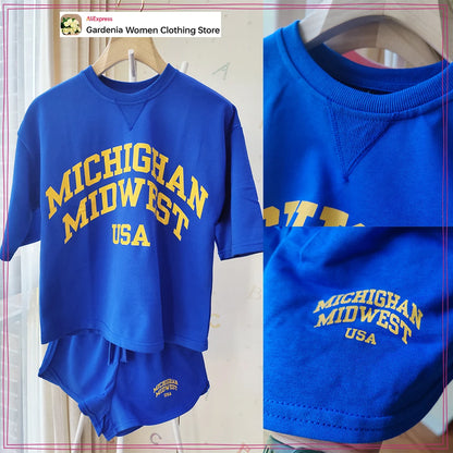 Preppy Style 2 Piece Blue Short Set for Women Washed Effect Text Cotton Short Sleeves Sweatshirt and Drawstring Waistband Shorts