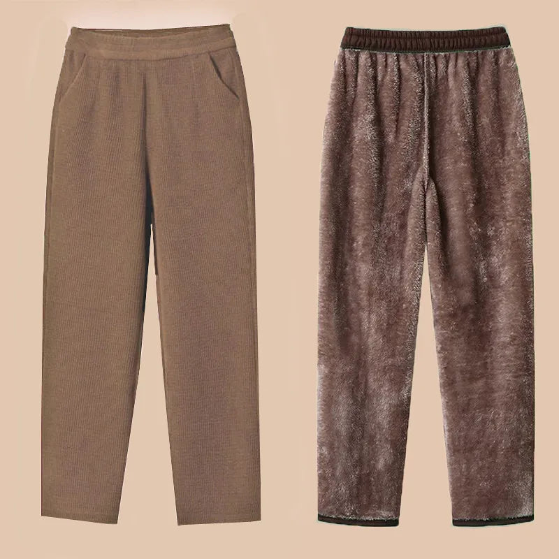 Thickened Fleece Lined Corduroy Winter Pants for Mom High Waist Loose Fit Straight Leg Warm Casual Trousers for Women over 40