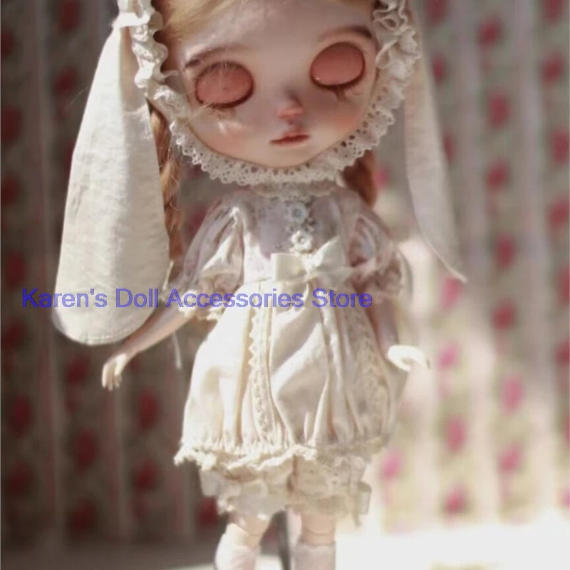 2026 vintage style 4pcs Drooping ear rabbit hairband/dress/pants/socks for Blythe(Fit for Lulu,ymy24,Ob22,24,26,zone, Jenny)