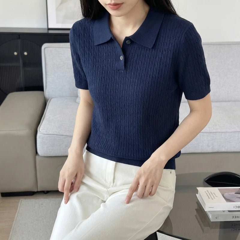 Spring Summer Breathable Pure Cotton Polo Shirt Women's Half Sleeve Loose Knitted Top Casual Versatile Summer Wear A3032122