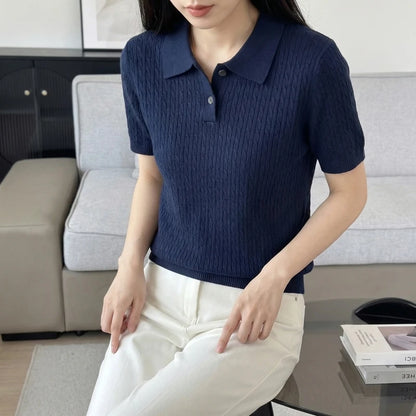 Spring Summer Breathable Pure Cotton Polo Shirt Women's Half Sleeve Loose Knitted Top Casual Versatile Summer Wear A3032122