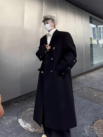 Autumn Winter Men's Shoulder Length Woolen Coat over Knee Double Breasted Windbreaker Outerwear Fashionable Korean Style