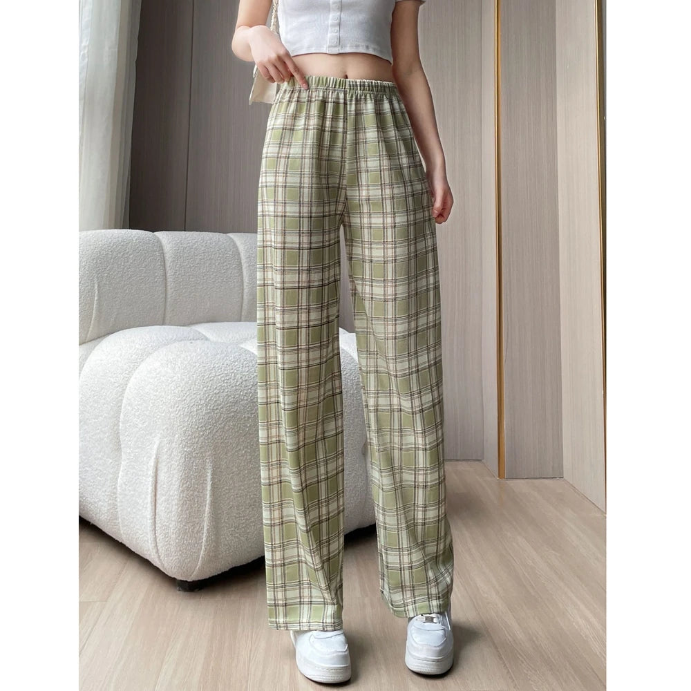 Lamb Velvet Fleece Lined Thick Plaid Casual Pants Women's Autumn Winter Loose Straight Leg Wide Leg Cotton Sleepwear Trousers