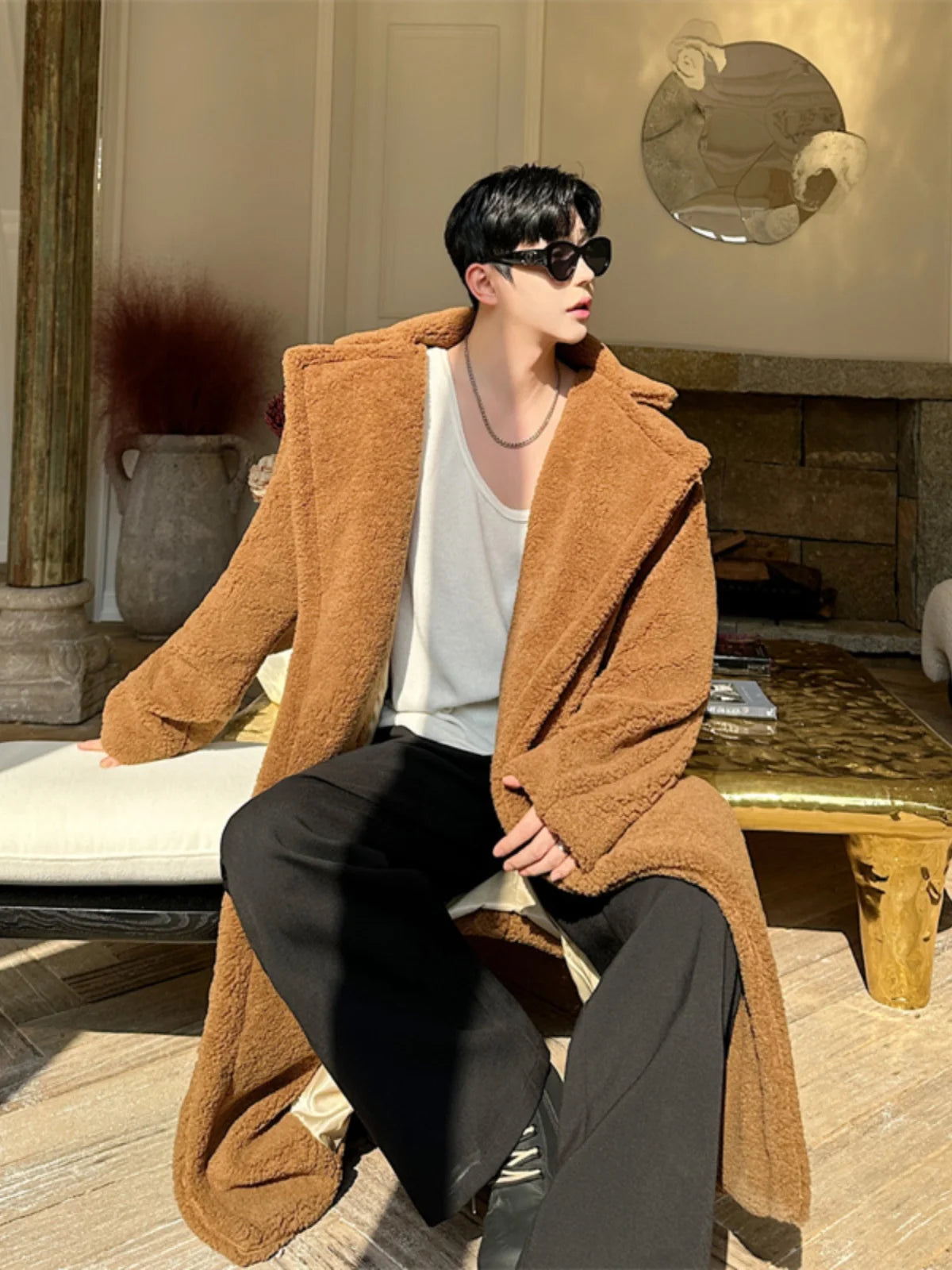 Autumn Winter Teddy Bear Fur Fashionable Versatile Men's Coat Loose Long over Knee Windbreaker Jacket Warm Stylish Urban Style