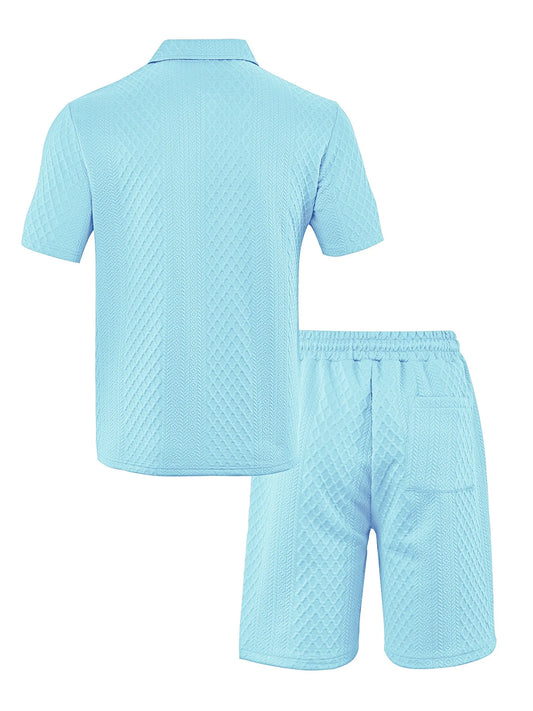 2025 Summer New Men's Casual Sportswear Polo Shirt With A Lapel, Men's Short-sleeved Shirt And Shorts, Jacquard Texture Suit