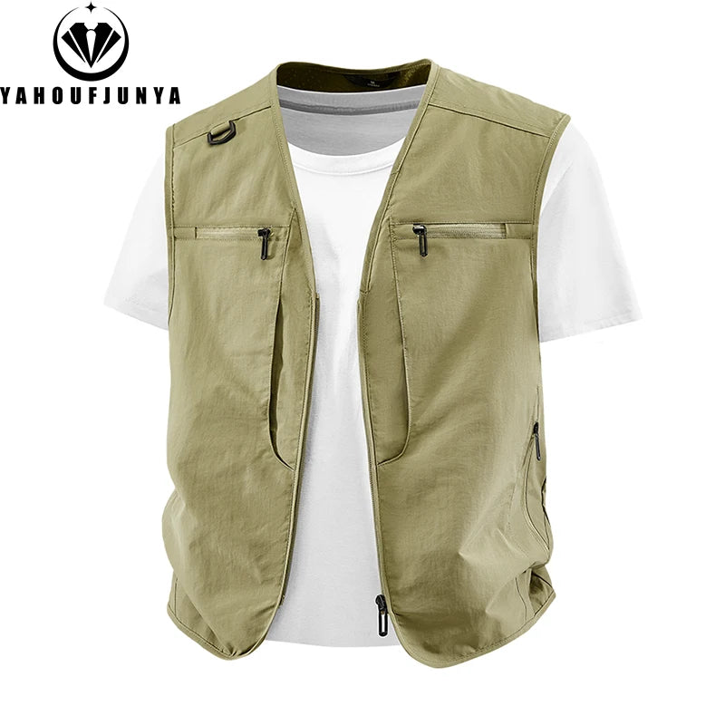 2026 Summer Men Sleeveless Outdoor Cargo Leisure Work Vest Men Pocket Solid Color Fishing Camping Thin Vest Male Waistcoat 8XL