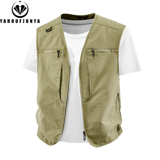 2026 Summer Men Sleeveless Outdoor Cargo Leisure Work Vest Men Pocket Solid Color Fishing Camping Thin Vest Male Waistcoat 8XL