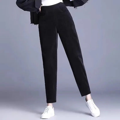 Thickened Fleece Corduroy Pants High Waist Harlan Style Winter 2024 New Women's Casual Trousers Elastic Waist Pocket Detail