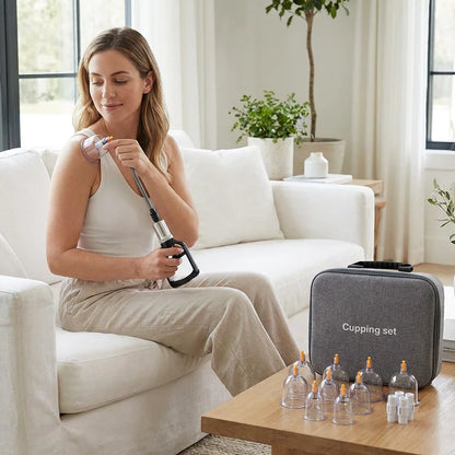 12-Piece Vacuum Cupping Set for Home Use, Flameless Suction Cups, Traditional Chinese Medicine Health Care, Gua Sha, Dampness Removal, Complete Set with Storage Bag