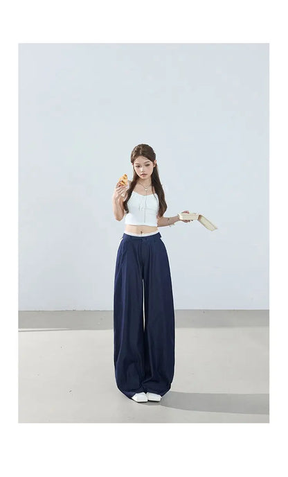 American-style retro loose wide-leg pants, lightweight curved pants, cool lace splicing, versatile casual pants for women