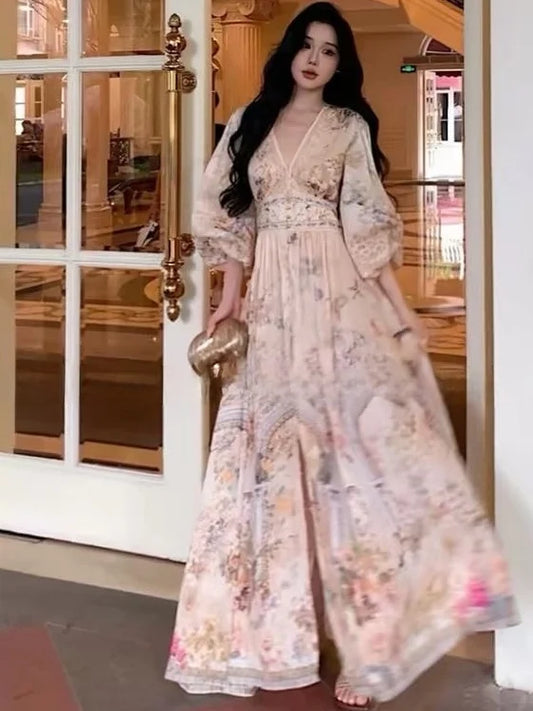 Elegant plus Size Women's Summer Vacation Style Printed Dress High Waist Embroidery V-Neck Long Skirt Lantern Sleeve