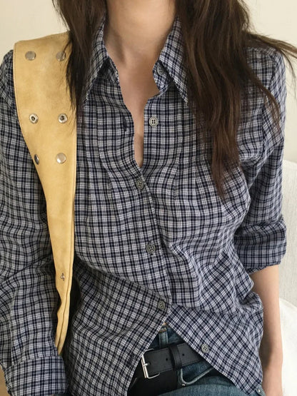 Slimming Plaid Shirt Women's New Chic Spring Vintage Turn-down Collar Waist-cinching Long Sleeve  Collar Top Korean Style