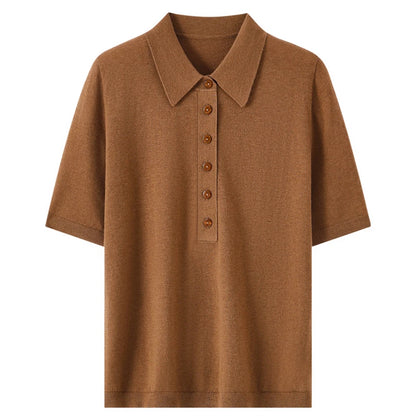 100% fine spun wool women's T-shirt summer solid knitted pullover Jumper sweater short sleeved loose Polo collar Tees Pull Tops