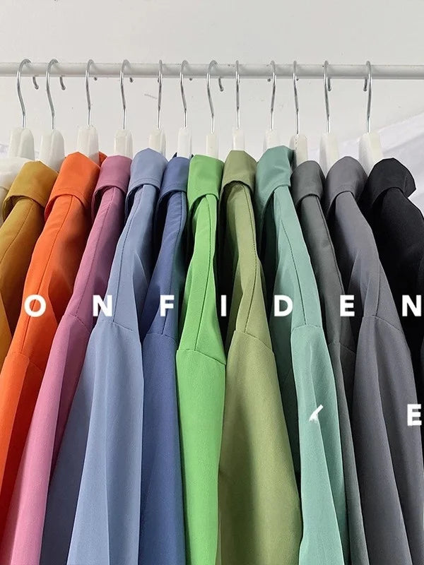 Loose Long Sleeve Pure Color Shirt Women's Basic Style Retro Korean Hong Kong Style Casual Outerwear for Couples Student Fashion