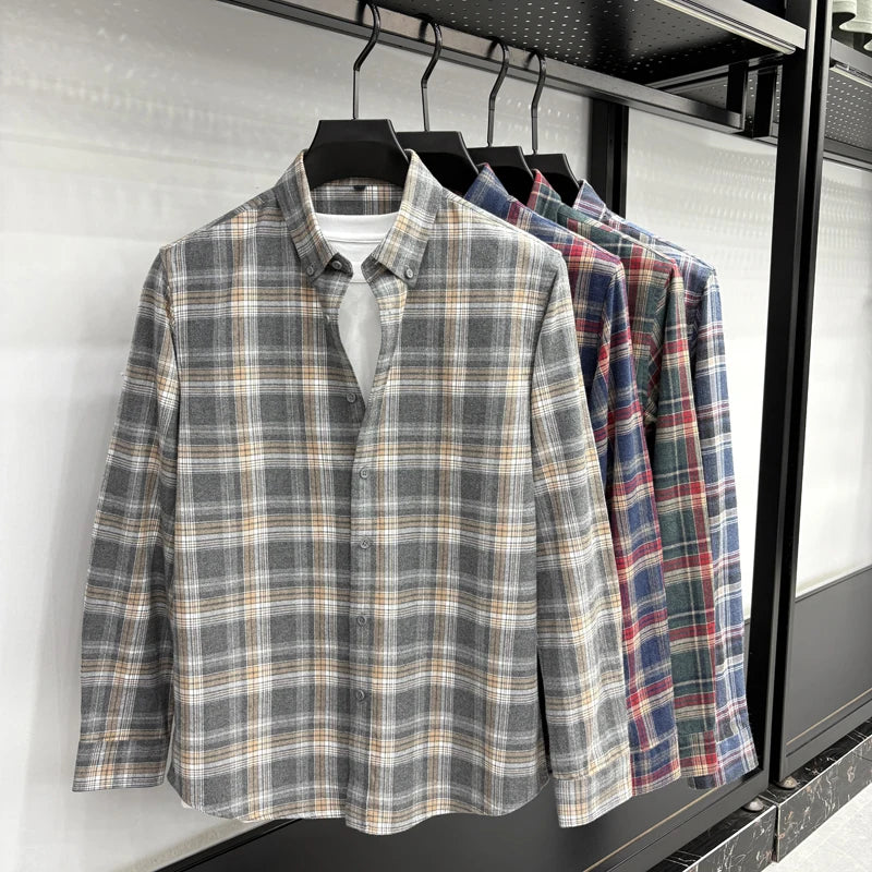 Cotton Plaid Shirt Men's Long Sleeved Spring New Loose Casual Jacket, Brushed and Iron Free Shirt Men's Clothing