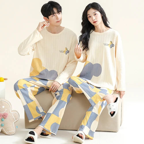 2023 New Cartoon Cute Pajamas Set for Couples Cotton Long Sleeves Sleep Top & Long Pant Spring Nightwear for Men and Women Pjs