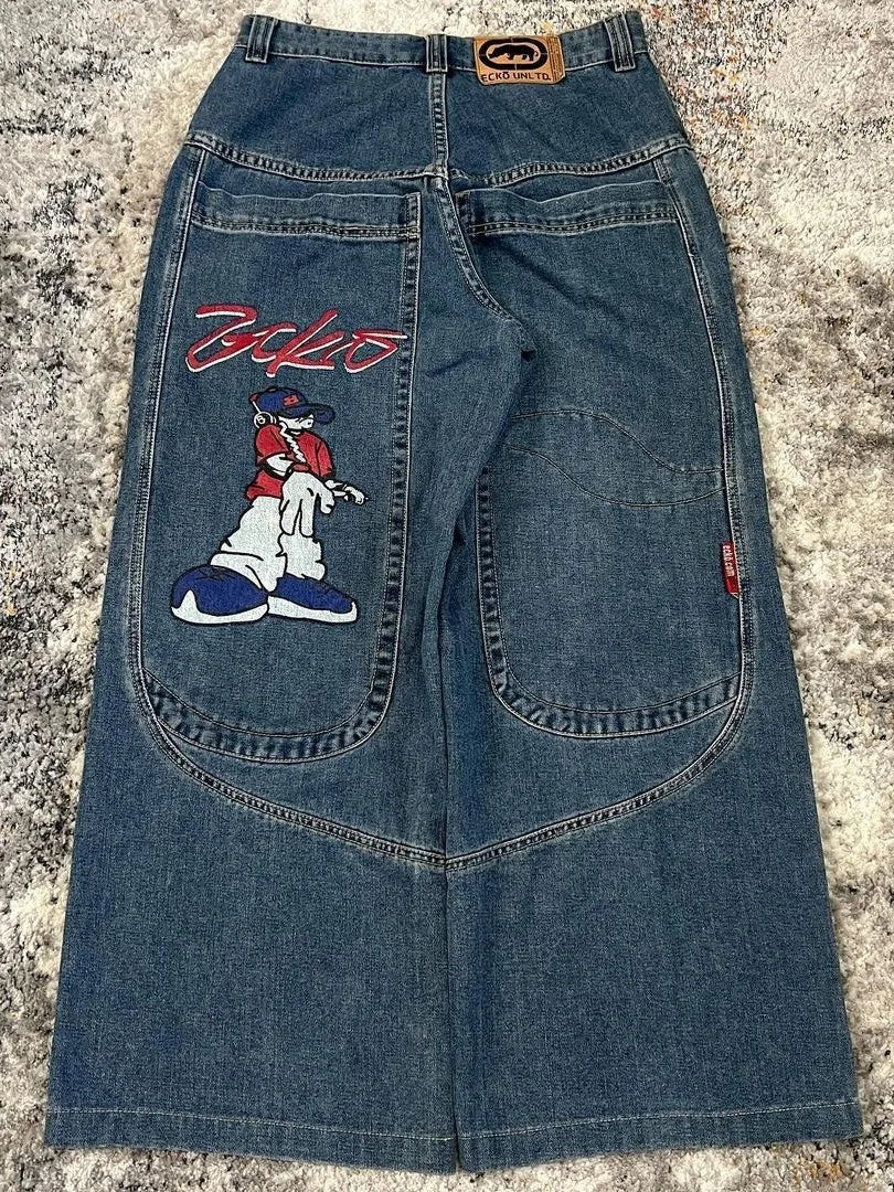 Retro Y2K American Street Style Loose Casual Wide Leg Denim Jeans Big Pocket Pattern Print Trendy mid Waist Cotton Blend