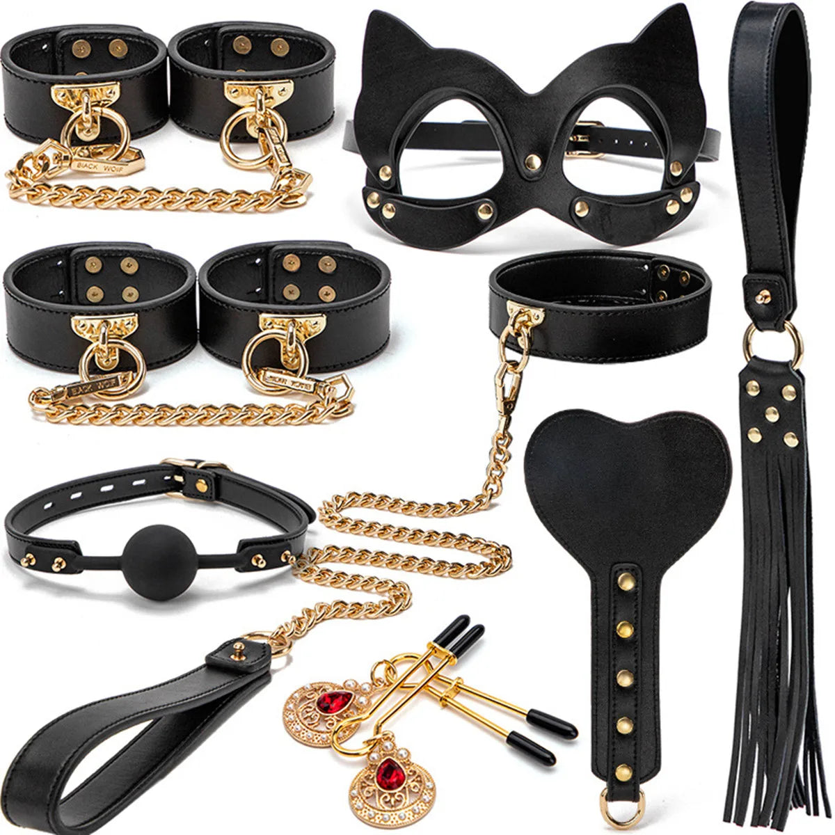 Sexy BDSM Leather Plush Bundle Set, Exotic Sex Toy, Gear Collar, Hip, Oral Erotic Bundle, Eye Mask, Whipping Nipple Clip