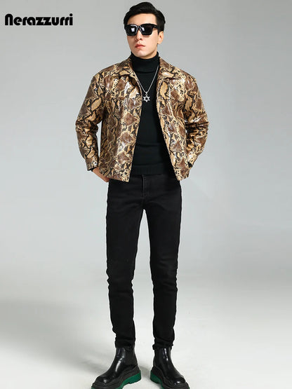 Nerazzurri Autumn Short Handsome Cool Colorful Snakeskin Print Pu Leather Jacket Men Luxury European Style Clothes 2023 EU Size