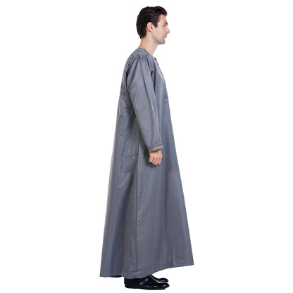 TH816 Men's Muslim Middle Eastern Men Long Sleeves Patchwork Round Collar Button Robe Ramadan Eid Jubba Thobe