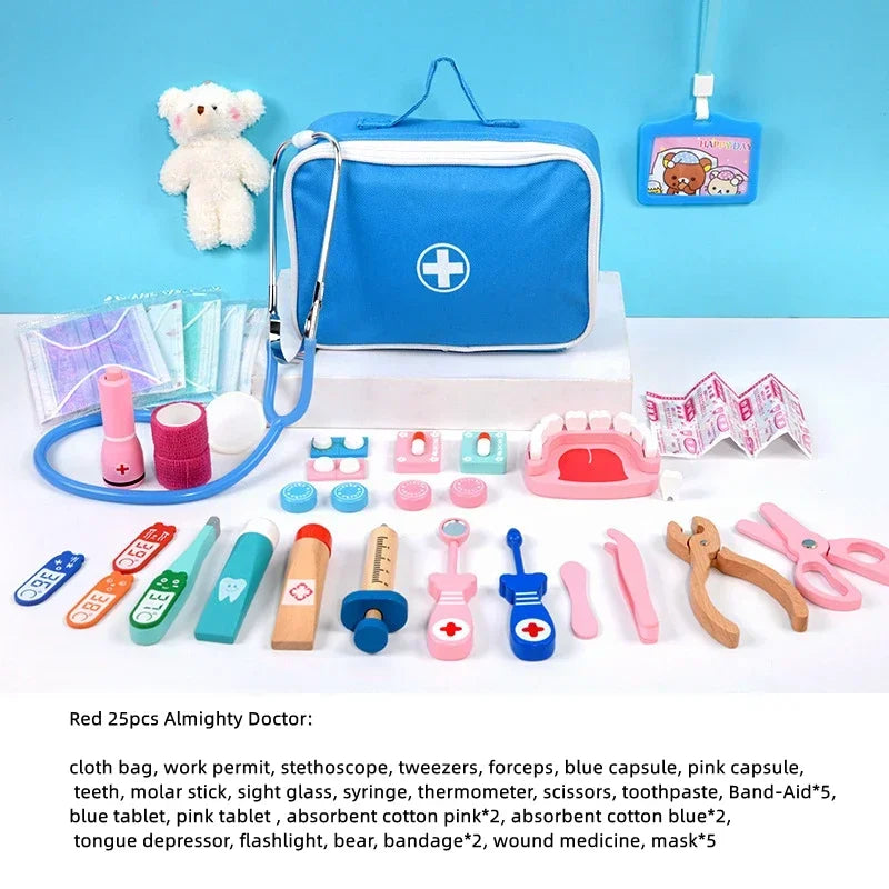Pretend Play Doctor Toys Educational Toys for Children Kid Wooden Simulation Dentist Check Brush Teeth Medicine Set Role Playing