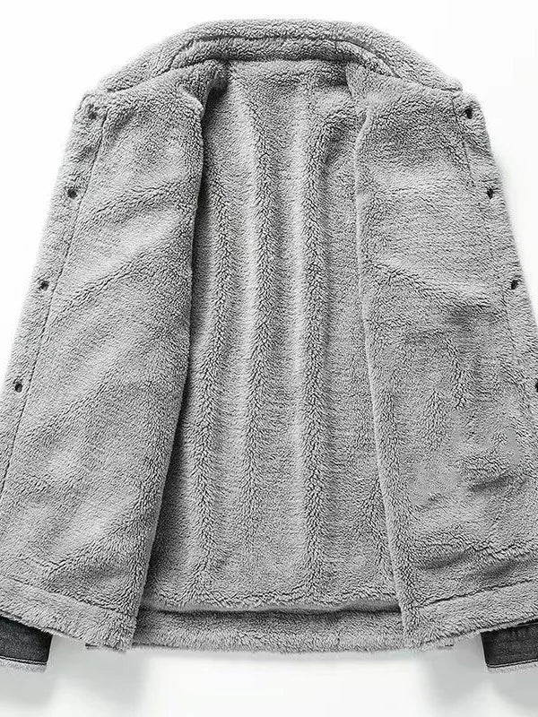 Men's Fleece Lined Thickened Denim Jacket Winter Casual Lapel Workwear Wear Resistant Leisure Coat Sheepskin Fur Vestibule
