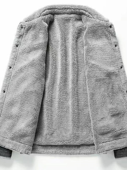 Men's Fleece Lined Thickened Denim Jacket Winter Casual Lapel Workwear Wear Resistant Leisure Coat Sheepskin Fur Vestibule
