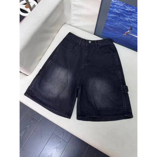 Men's High Street Loose Wide Leg Cargo Denim Shorts Vintage Washed American Style Casual Summer Pants Multiple Pockets