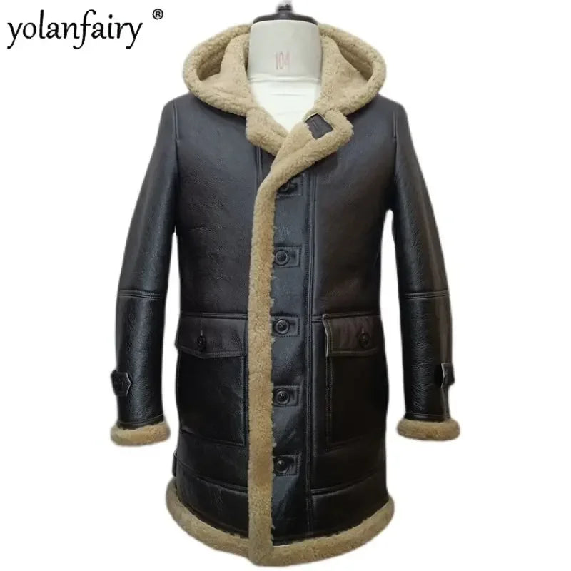 YOLANFAIRY Original Natural Leather Fur Coat Men Long Hooded Sheepskin Real Fur Coat Genuine Leather Jacket Men's Winter Jacket