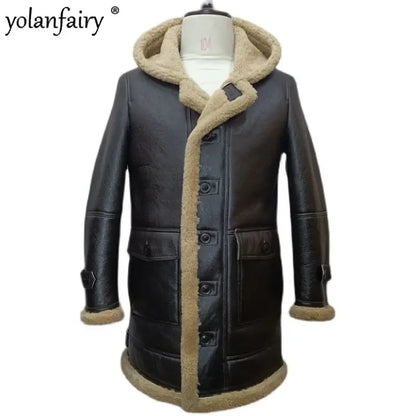 YOLANFAIRY Original Natural Leather Fur Coat Men Long Hooded Sheepskin Real Fur Coat Genuine Leather Jacket Men's Winter Jacket