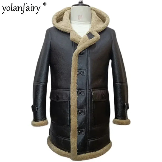 YOLANFAIRY Original Natural Leather Fur Coat Men Long Hooded Sheepskin Real Fur Coat Genuine Leather Jacket Men's Winter Jacket