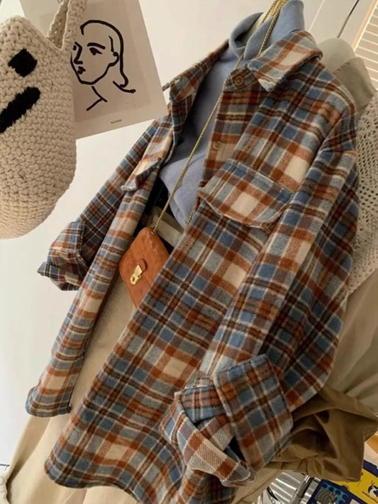Retro Color Block Thickened Plaid Shirt Women's Loose Mid-Length Woolen Coat Spring Autumn Seasonal Korean Style Commute Wind