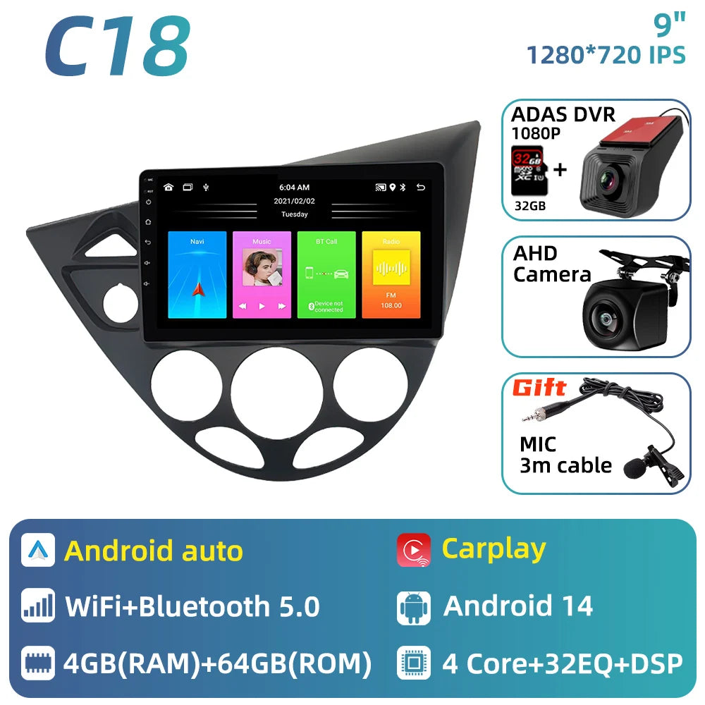 Car Multimedia for Ford Fiesta 1995 - 2001 Focus MK1 1998 - 2004 Car Radio GPS Navigation Android Stereo Carplay Auto 2 Din 4G