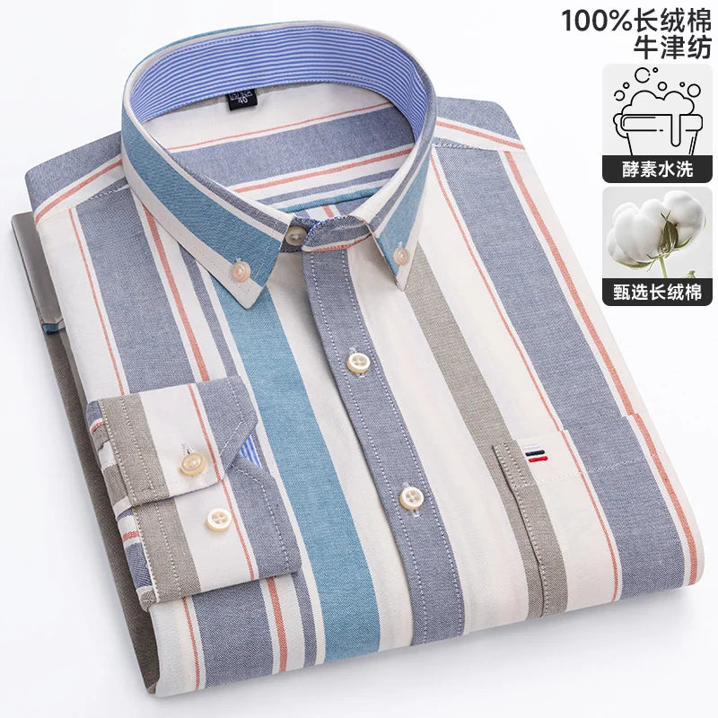 100% Cotton Oxford Casual Shirts For Men Long Sleeved Plaid Striped Soft Regular Fit Formal Single Pocket Social Fashion Blouses